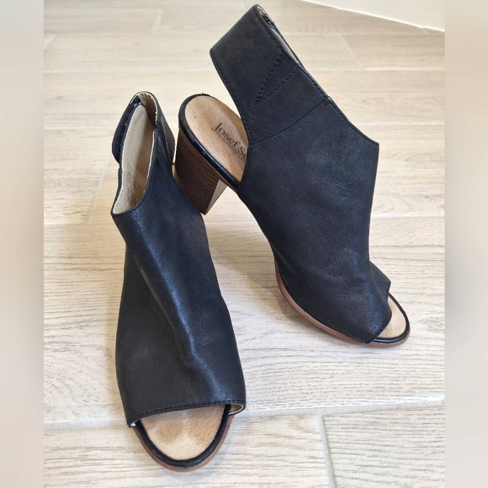 Josef Seibel black leather peep toe block heeled booties - Size 38 EUR, 7.5 US